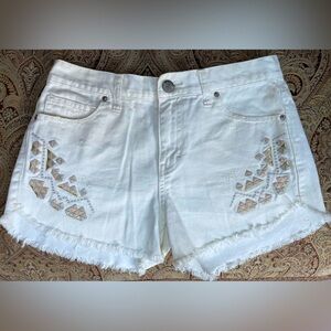 Free People Distressed White Denim Cut Off Geometric Aztec Pattern Jean Shorts